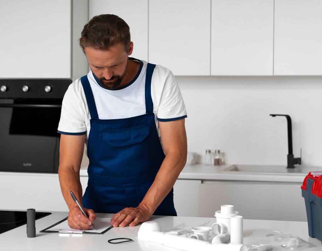 un plombier écrivant dans un bloc note au milieu d'une cuisine